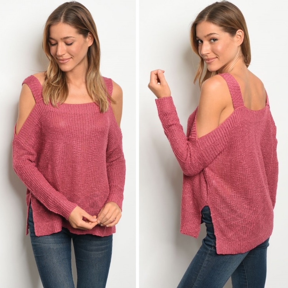 Loose Fit Cold Shoulder Knit Sweater | Raspberry